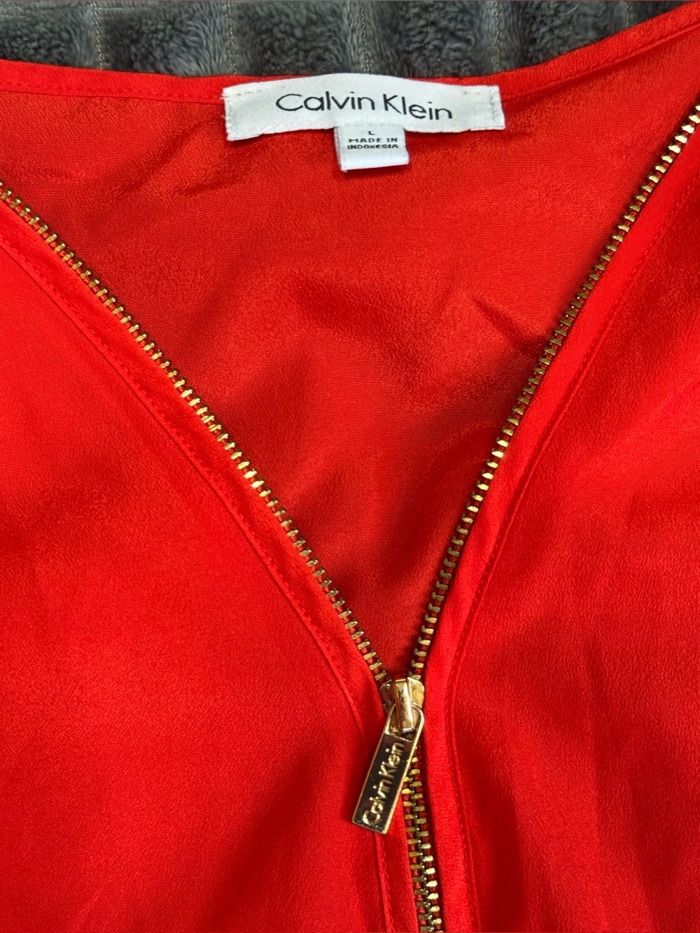 Calvin Klein Large Women's Red Zip-Front Long Sleeve Blouse Shirt Dress Top (B6) - Picture 2 of 6